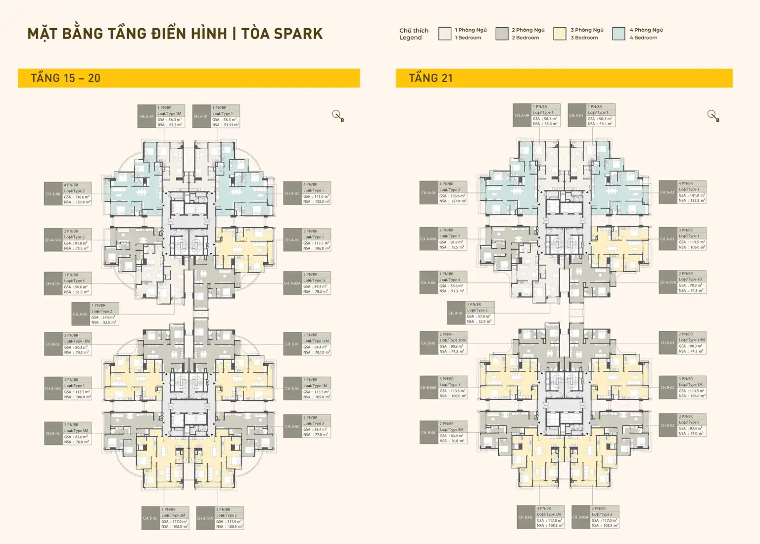 Mặt bằng tầng điển hình Tầng 15 đến Tầng 20 và Tầng 21 tòa SPARK