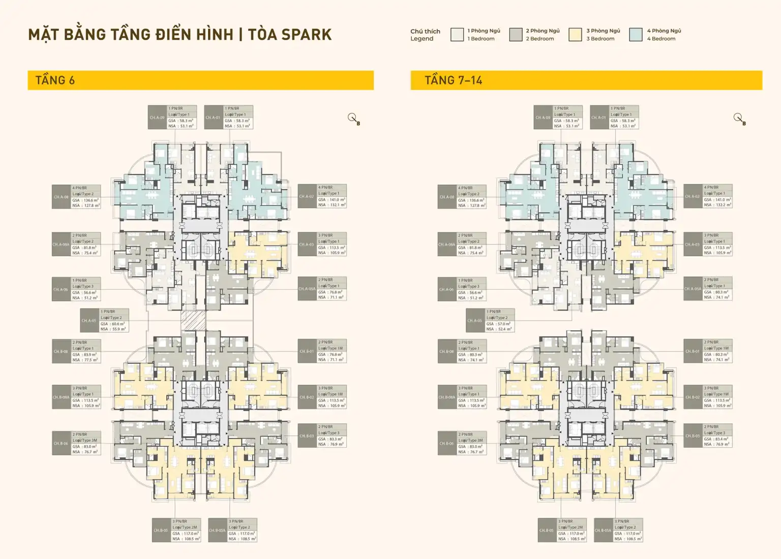 Mặt bằng tầng điển hình Tầng 6 và Tầng 7 đến Tầng 14 tòa SPARK